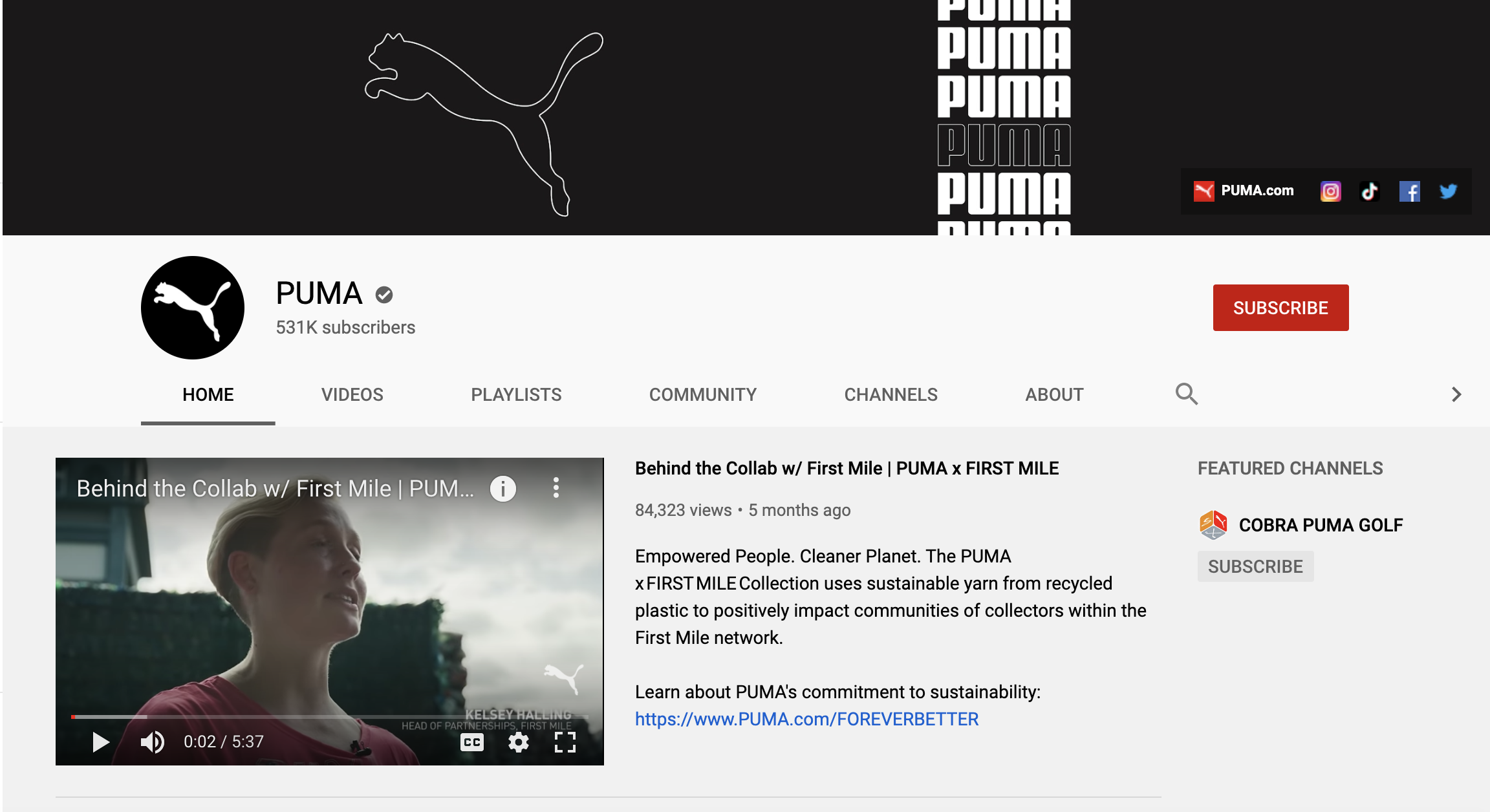 PUMA shoes youtube page and channel trailer